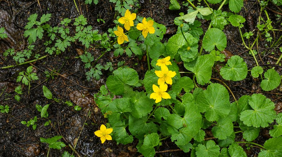 Gelb blühende Pflanzen auf regennassem Waldboden.