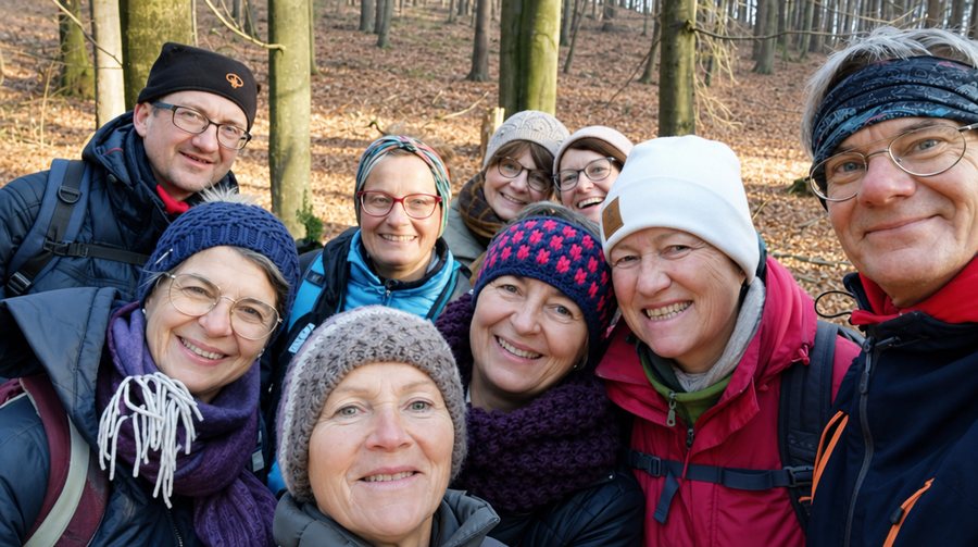 Fröhliches Gruppenselfie mit Hauben und Schals nach einem Winter-Walk im Wienerwald.