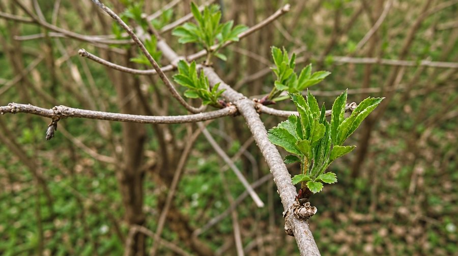 Frische grüne Triebe an einem Zweig im Frühlingswald.