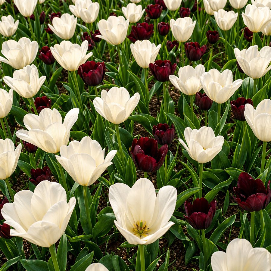 Beet mit weißen und dunkelroten Tulpen im Park.