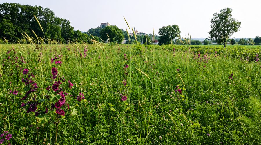 Sommerliche Blumenwiese, im Hintergrund ein Ort mit Kirchturm auf einem Hügel.