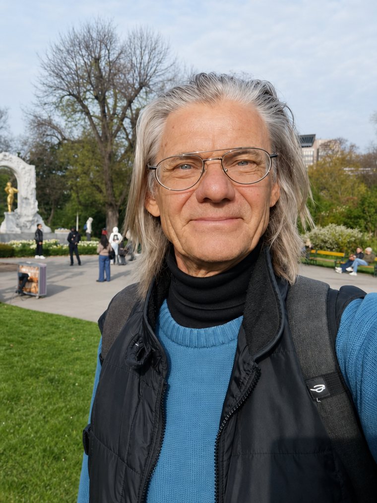 Harald Greger lächelt in die Kamera, im Hintergrund der Wiener Stadtpark mit dem Johann-Strauß-Denkmal.