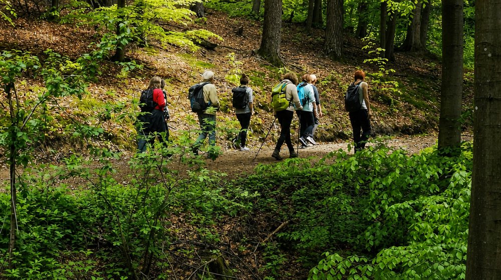 Teilnehmerinnen und Teilnehmer gehen hintereinander auf einem schmalen Waldpfad im Wienerwald.